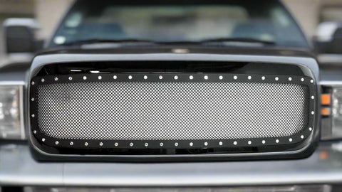Black rivet mesh grille installed on Ford F-250
Side view of FDGRL48 grille finish and build
Close-up of stainless steel mesh and rivets
Black powder-coated grille laid flat
Packaging and grille kit contents