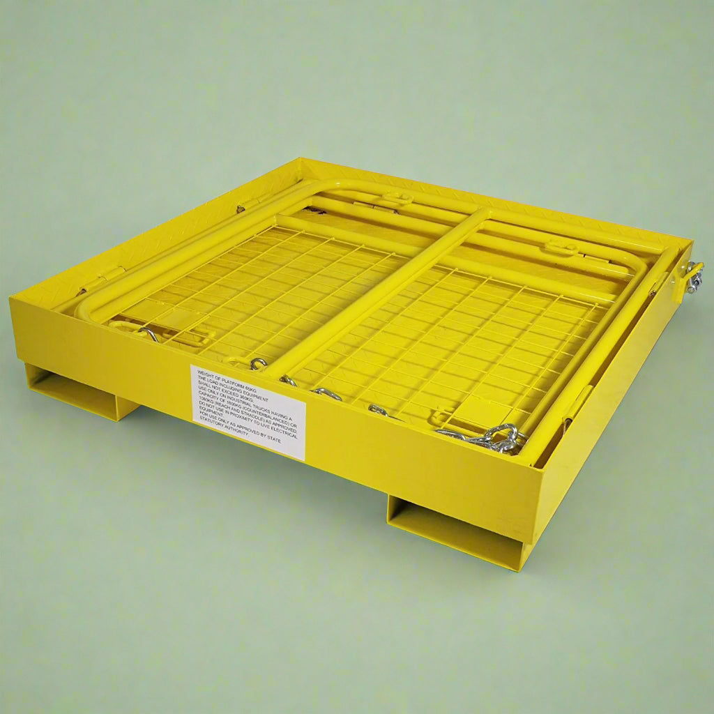 Forklift safety work platform cage

Aerial lift basket attachment for forklifts

WP36 safety cage with double doors

Folding yellow forklift cage for elevated tasks

Galvanized mesh safety cage on warehouse floor