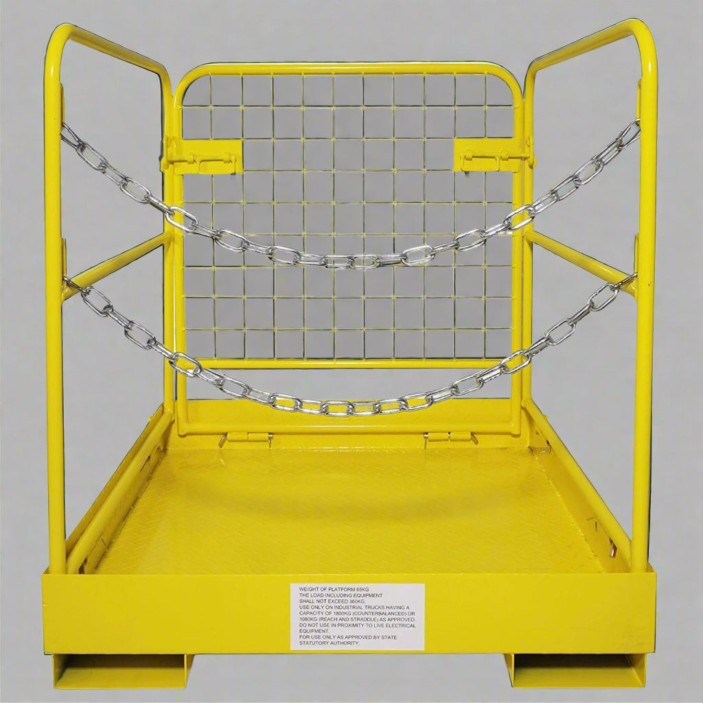 Forklift safety work platform cage

Aerial lift basket attachment for forklifts

WP36 safety cage with double doors

Folding yellow forklift cage for elevated tasks

Galvanized mesh safety cage on warehouse floor