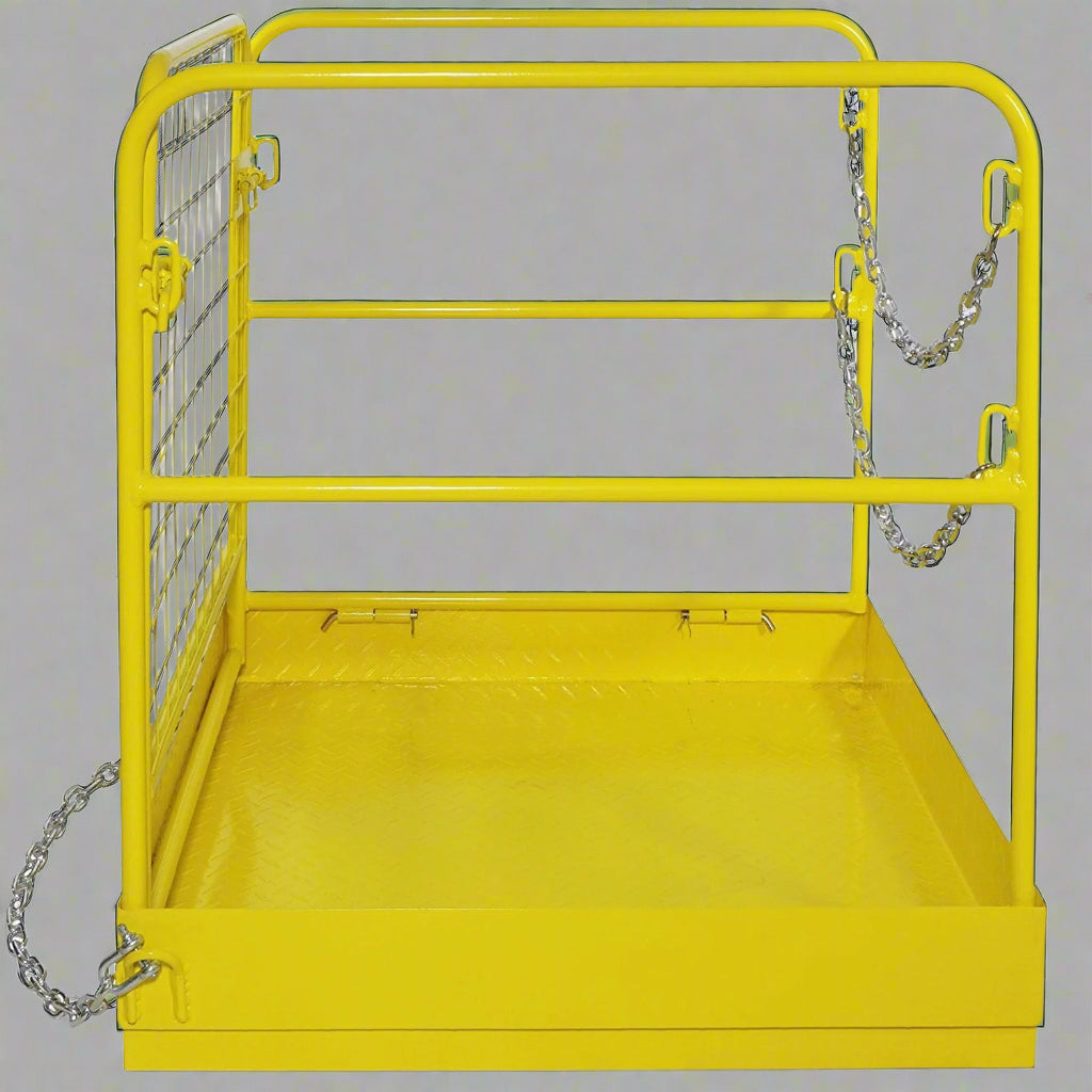 Forklift safety work platform cage

Aerial lift basket attachment for forklifts

WP36 safety cage with double doors

Folding yellow forklift cage for elevated tasks

Galvanized mesh safety cage on warehouse floor