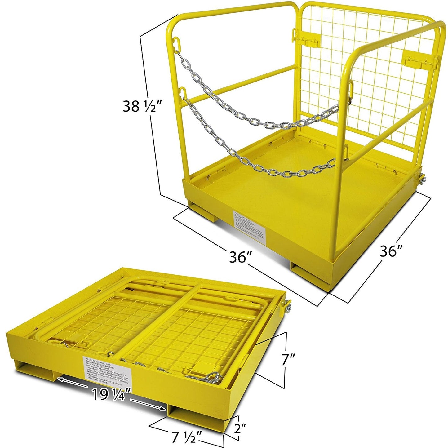 Forklift safety work platform cage

Aerial lift basket attachment for forklifts

WP36 safety cage with double doors

Folding yellow forklift cage for elevated tasks

Galvanized mesh safety cage on warehouse floor