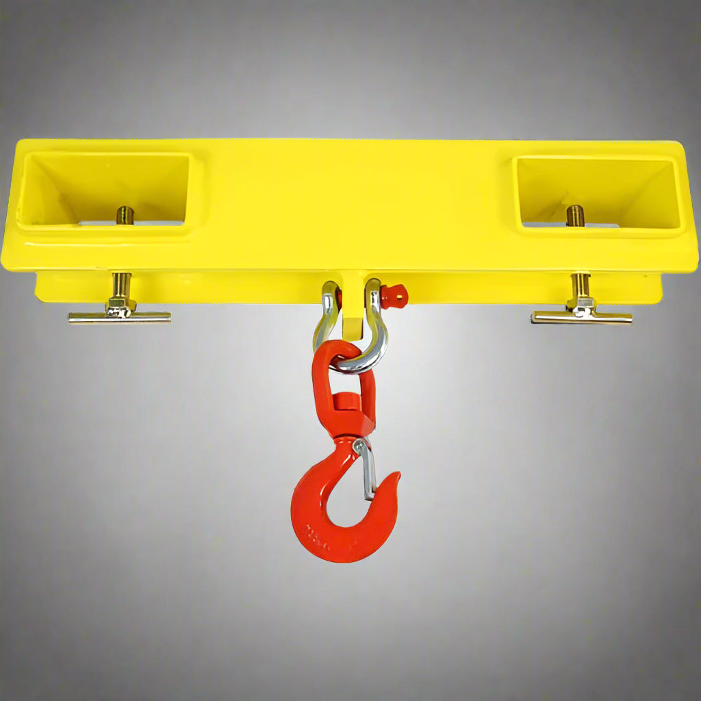 Forklift swivel hoist jib with 2246 lbs lifting capacity
Heavy-duty yellow fork jib attachment for skid steer
Industrial lifting hook for forklift with double fork mount
Forklift attachment swivel hoist powder-coated yellow
Skid steer compatible swivel fork jib for heavy loads