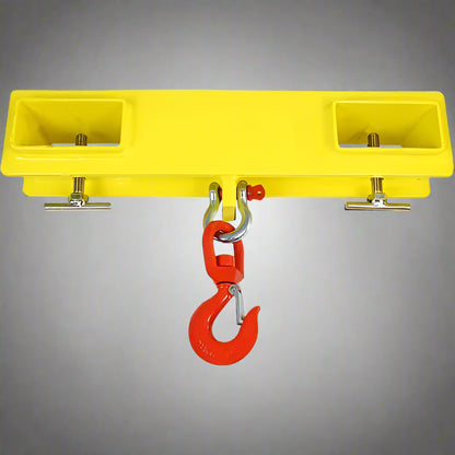 Forklift swivel hoist jib with 2246 lbs lifting capacity
Heavy-duty yellow fork jib attachment for skid steer
Industrial lifting hook for forklift with double fork mount
Forklift attachment swivel hoist powder-coated yellow
Skid steer compatible swivel fork jib for heavy loads