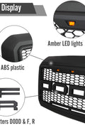 Main product view of matte black grille for Ford F-series
Close-up of grille mesh and LED lighting
Grille installed on F-250 front end
Unboxed grille showing hardware and wiring
Top view of grille showing LED connections
Front view comparison: before and after install
Off-road lighting activated at night