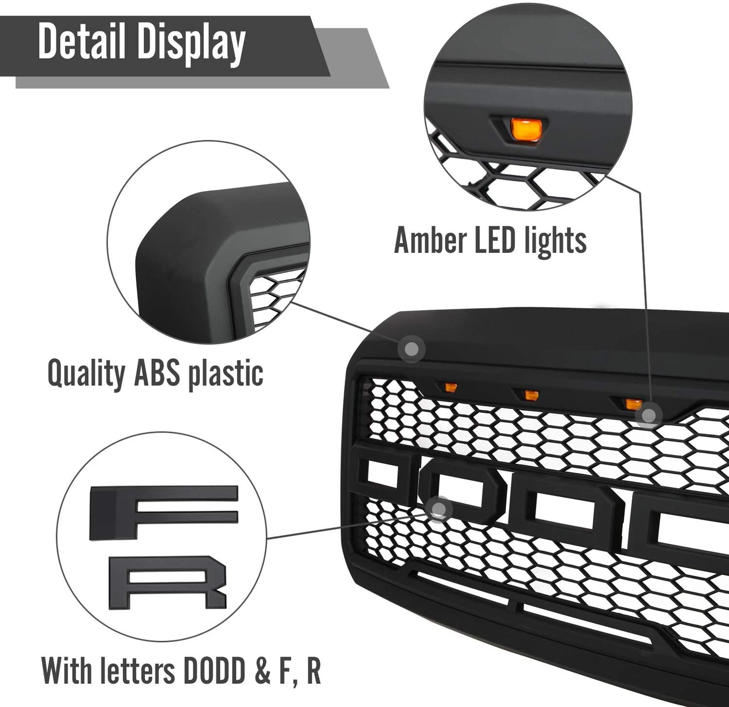 Main product view of matte black grille for Ford F-series
Close-up of grille mesh and LED lighting
Grille installed on F-250 front end
Unboxed grille showing hardware and wiring
Top view of grille showing LED connections
Front view comparison: before and after install
Off-road lighting activated at night