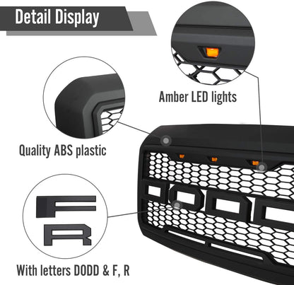 Main product view of matte black grille for Ford F-series
Close-up of grille mesh and LED lighting
Grille installed on F-250 front end
Unboxed grille showing hardware and wiring
Top view of grille showing LED connections
Front view comparison: before and after install
Off-road lighting activated at night