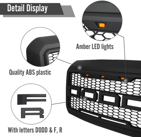 Main product view of matte black grille for Ford F-series
Close-up of grille mesh and LED lighting
Grille installed on F-250 front end
Unboxed grille showing hardware and wiring
Top view of grille showing LED connections
Front view comparison: before and after install
Off-road lighting activated at night