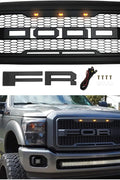 Main product view of matte black grille for Ford F-series
Close-up of grille mesh and LED lighting
Grille installed on F-250 front end
Unboxed grille showing hardware and wiring
Top view of grille showing LED connections
Front view comparison: before and after install
Off-road lighting activated at night