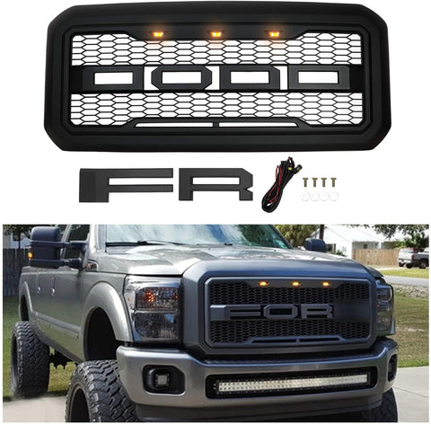 Main product view of matte black grille for Ford F-series
Close-up of grille mesh and LED lighting
Grille installed on F-250 front end
Unboxed grille showing hardware and wiring
Top view of grille showing LED connections
Front view comparison: before and after install
Off-road lighting activated at night