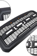 Main product view of matte black grille for Ford F-series
Close-up of grille mesh and LED lighting
Grille installed on F-250 front end
Unboxed grille showing hardware and wiring
Top view of grille showing LED connections
Front view comparison: before and after install
Off-road lighting activated at night