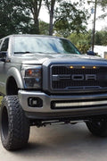 Main product view of matte black grille for Ford F-series
Close-up of grille mesh and LED lighting
Grille installed on F-250 front end
Unboxed grille showing hardware and wiring
Top view of grille showing LED connections
Front view comparison: before and after install
Off-road lighting activated at night