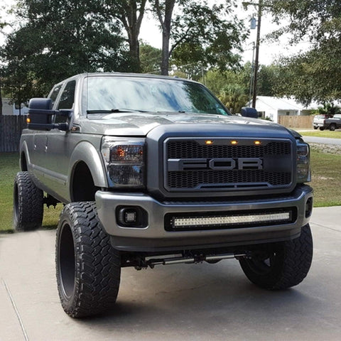 Main product view of matte black grille for Ford F-series
Close-up of grille mesh and LED lighting
Grille installed on F-250 front end
Unboxed grille showing hardware and wiring
Top view of grille showing LED connections
Front view comparison: before and after install
Off-road lighting activated at night