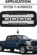 Main product view of matte black grille for Ford F-series
Close-up of grille mesh and LED lighting
Grille installed on F-250 front end
Unboxed grille showing hardware and wiring
Top view of grille showing LED connections
Front view comparison: before and after install
Off-road lighting activated at night