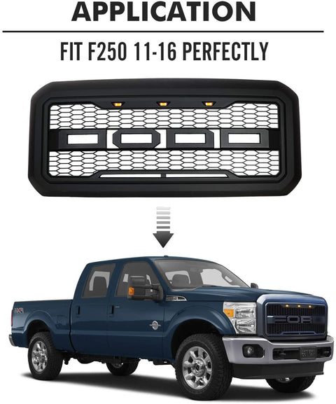Main product view of matte black grille for Ford F-series
Close-up of grille mesh and LED lighting
Grille installed on F-250 front end
Unboxed grille showing hardware and wiring
Top view of grille showing LED connections
Front view comparison: before and after install
Off-road lighting activated at night