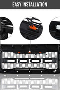 Main product view of matte black grille for Ford F-series
Close-up of grille mesh and LED lighting
Grille installed on F-250 front end
Unboxed grille showing hardware and wiring
Top view of grille showing LED connections
Front view comparison: before and after install
Off-road lighting activated at night