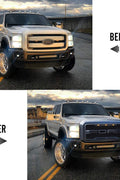 Main product view of matte black grille for Ford F-series
Close-up of grille mesh and LED lighting
Grille installed on F-250 front end
Unboxed grille showing hardware and wiring
Top view of grille showing LED connections
Front view comparison: before and after install
Off-road lighting activated at night