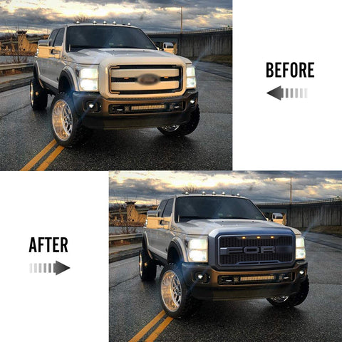 Main product view of matte black grille for Ford F-series
Close-up of grille mesh and LED lighting
Grille installed on F-250 front end
Unboxed grille showing hardware and wiring
Top view of grille showing LED connections
Front view comparison: before and after install
Off-road lighting activated at night