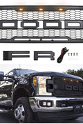 Installed front grille on F-250 (front view)
LED lights illuminated on grille
Full grille kit with components displayed
Side angle showcasing grille on truck
Top-down view of grille material and mesh
Before and after install comparison
Close-up of amber LED bar in grille