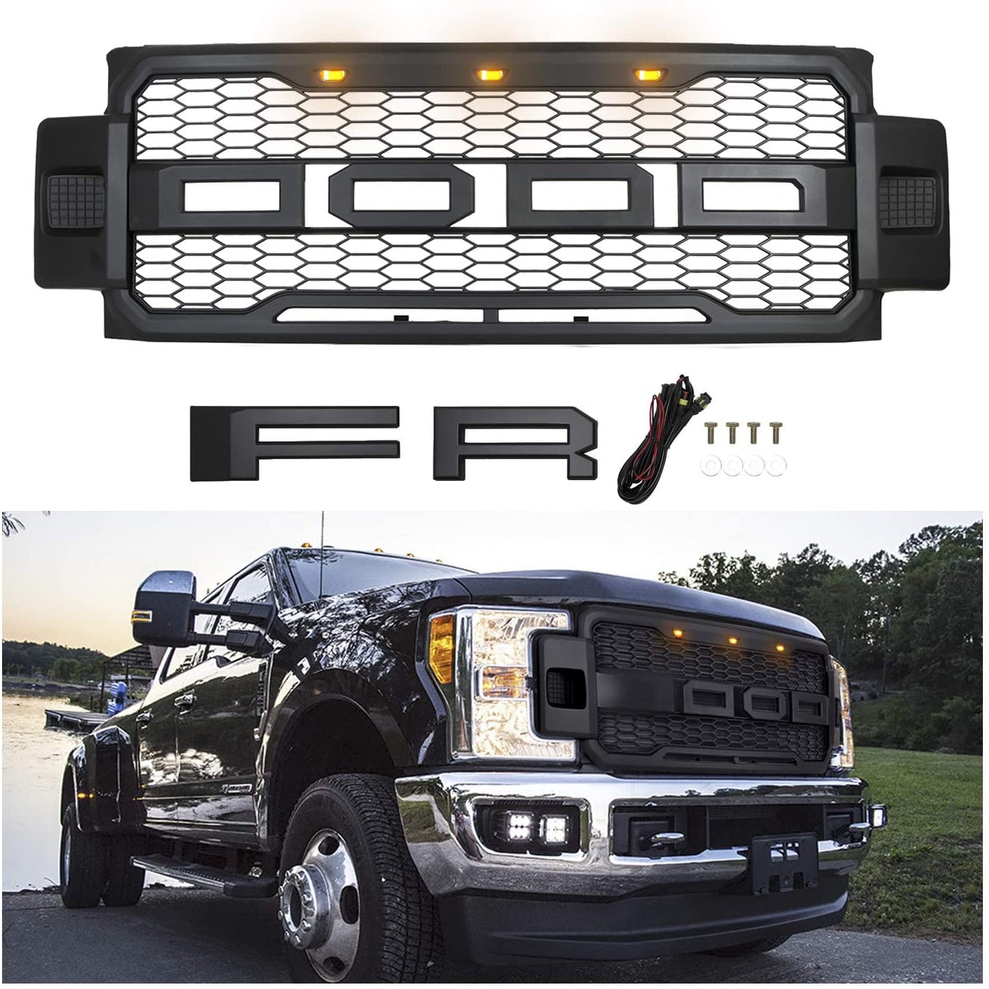 Installed front grille on F-250 (front view)
LED lights illuminated on grille
Full grille kit with components displayed
Side angle showcasing grille on truck
Top-down view of grille material and mesh
Before and after install comparison
Close-up of amber LED bar in grille