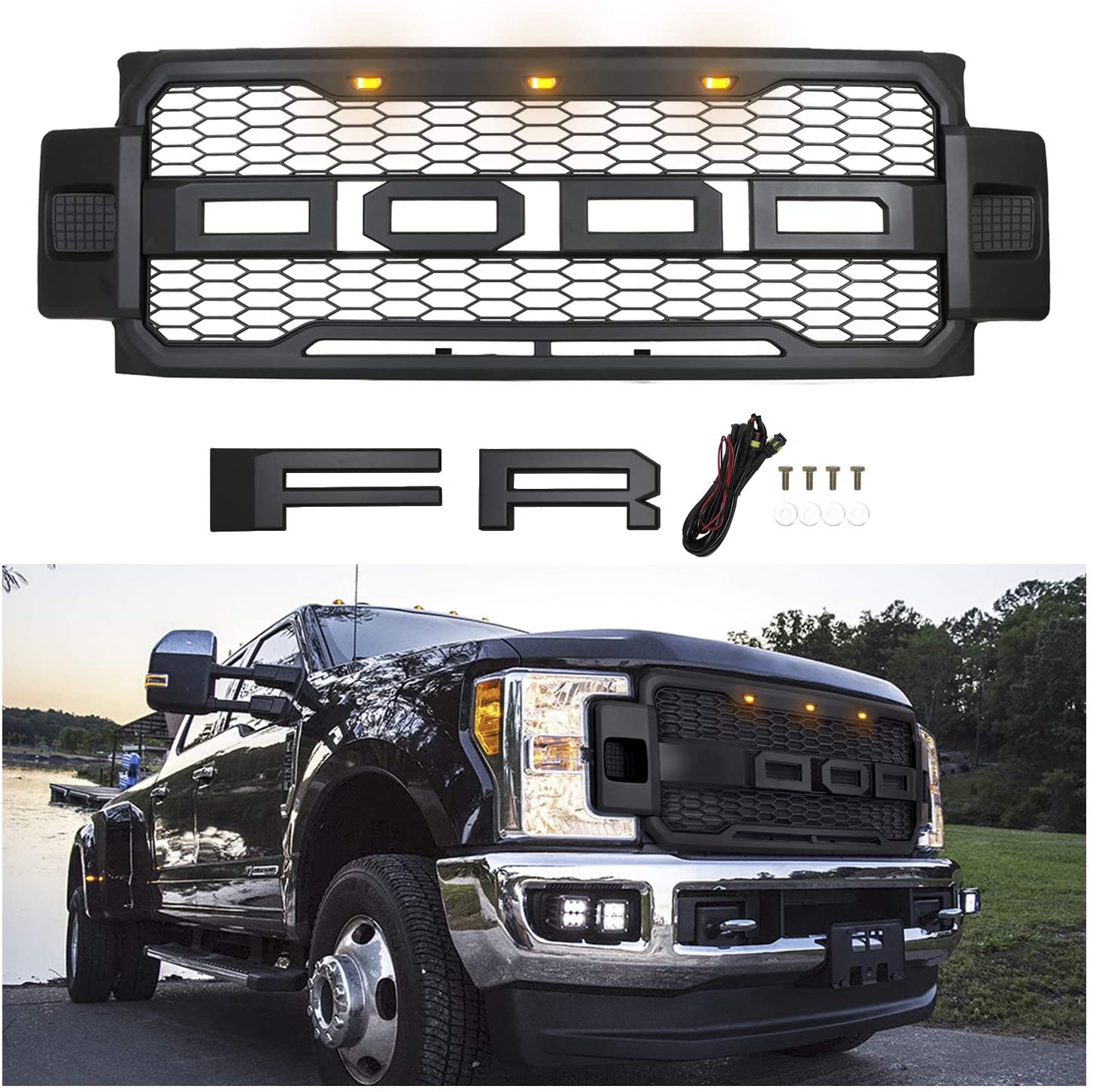 Installed front grille on F-250 (front view)
LED lights illuminated on grille
Full grille kit with components displayed
Side angle showcasing grille on truck
Top-down view of grille material and mesh
Before and after install comparison
Close-up of amber LED bar in grille