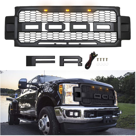 Installed front grille on F-250 (front view)
LED lights illuminated on grille
Full grille kit with components displayed
Side angle showcasing grille on truck
Top-down view of grille material and mesh
Before and after install comparison
Close-up of amber LED bar in grille