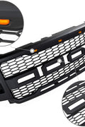 Installed front grille on F-250 (front view)
LED lights illuminated on grille
Full grille kit with components displayed
Side angle showcasing grille on truck
Top-down view of grille material and mesh
Before and after install comparison
Close-up of amber LED bar in grille