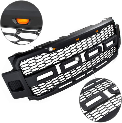 Installed front grille on F-250 (front view)
LED lights illuminated on grille
Full grille kit with components displayed
Side angle showcasing grille on truck
Top-down view of grille material and mesh
Before and after install comparison
Close-up of amber LED bar in grille