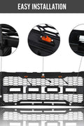 Installed front grille on F-250 (front view)
LED lights illuminated on grille
Full grille kit with components displayed
Side angle showcasing grille on truck
Top-down view of grille material and mesh
Before and after install comparison
Close-up of amber LED bar in grille