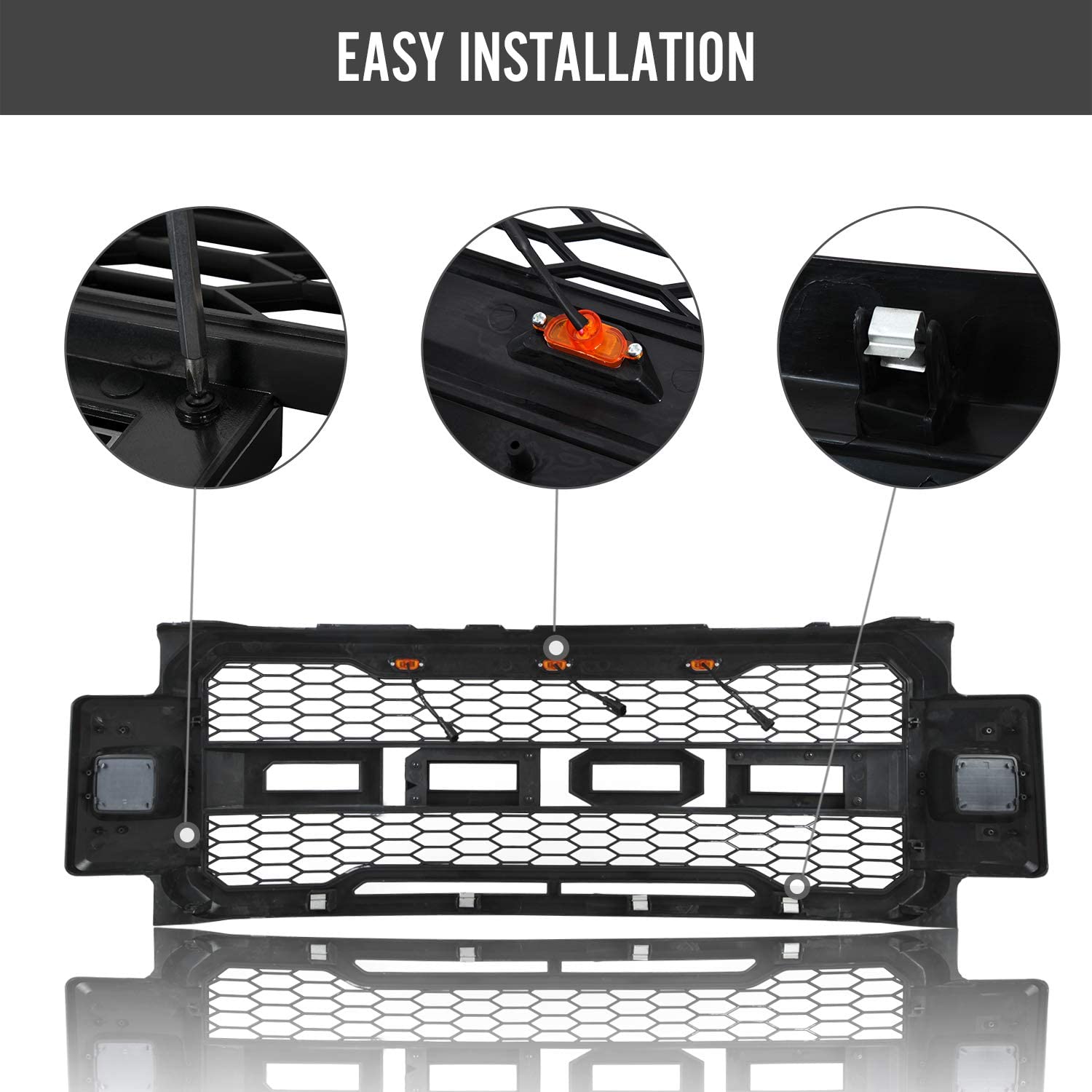 Installed front grille on F-250 (front view)
LED lights illuminated on grille
Full grille kit with components displayed
Side angle showcasing grille on truck
Top-down view of grille material and mesh
Before and after install comparison
Close-up of amber LED bar in grille