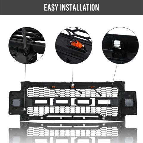 Installed front grille on F-250 (front view)
LED lights illuminated on grille
Full grille kit with components displayed
Side angle showcasing grille on truck
Top-down view of grille material and mesh
Before and after install comparison
Close-up of amber LED bar in grille