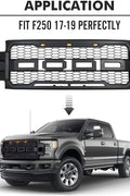 Installed front grille on F-250 (front view)
LED lights illuminated on grille
Full grille kit with components displayed
Side angle showcasing grille on truck
Top-down view of grille material and mesh
Before and after install comparison
Close-up of amber LED bar in grille