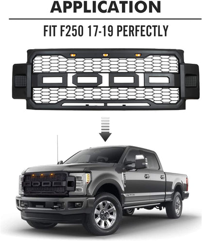 Installed front grille on F-250 (front view)
LED lights illuminated on grille
Full grille kit with components displayed
Side angle showcasing grille on truck
Top-down view of grille material and mesh
Before and after install comparison
Close-up of amber LED bar in grille