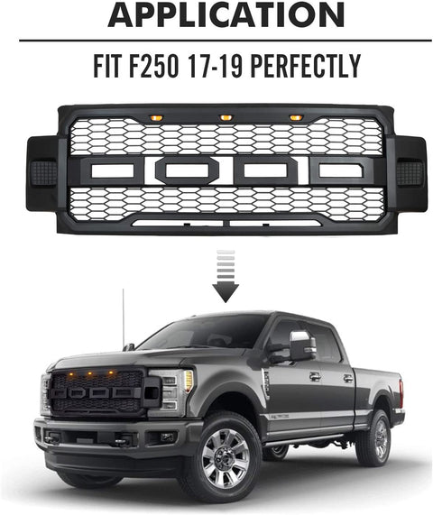 Installed front grille on F-250 (front view)
LED lights illuminated on grille
Full grille kit with components displayed
Side angle showcasing grille on truck
Top-down view of grille material and mesh
Before and after install comparison
Close-up of amber LED bar in grille