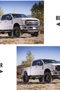 Installed front grille on F-250 (front view)
LED lights illuminated on grille
Full grille kit with components displayed
Side angle showcasing grille on truck
Top-down view of grille material and mesh
Before and after install comparison
Close-up of amber LED bar in grille