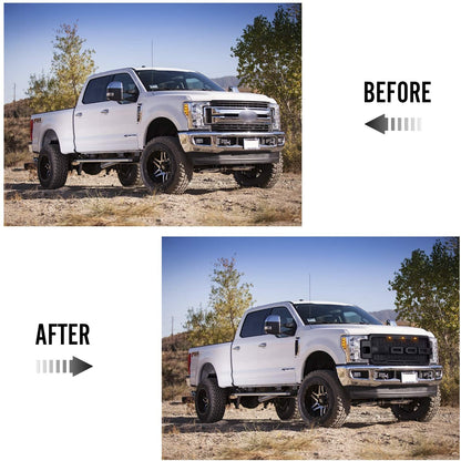 Installed front grille on F-250 (front view)
LED lights illuminated on grille
Full grille kit with components displayed
Side angle showcasing grille on truck
Top-down view of grille material and mesh
Before and after install comparison
Close-up of amber LED bar in grille