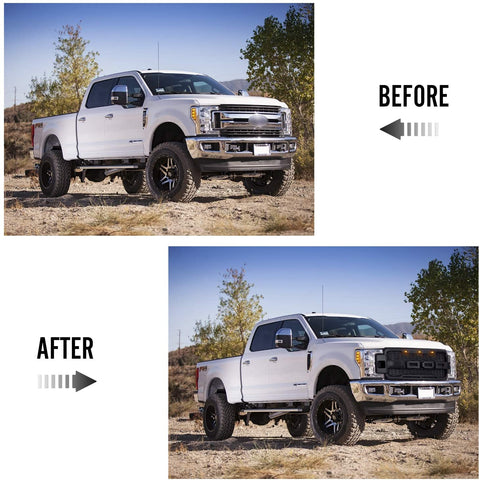 Installed front grille on F-250 (front view)
LED lights illuminated on grille
Full grille kit with components displayed
Side angle showcasing grille on truck
Top-down view of grille material and mesh
Before and after install comparison
Close-up of amber LED bar in grille