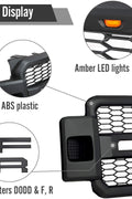 Installed front grille on F-250 (front view)
LED lights illuminated on grille
Full grille kit with components displayed
Side angle showcasing grille on truck
Top-down view of grille material and mesh
Before and after install comparison
Close-up of amber LED bar in grille
