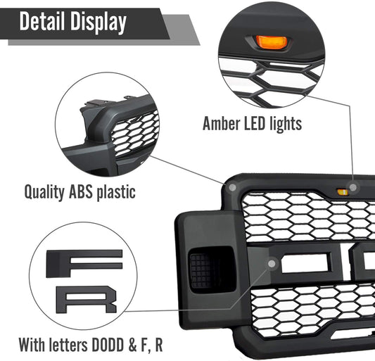 Installed front grille on F-250 (front view)
LED lights illuminated on grille
Full grille kit with components displayed
Side angle showcasing grille on truck
Top-down view of grille material and mesh
Before and after install comparison
Close-up of amber LED bar in grille