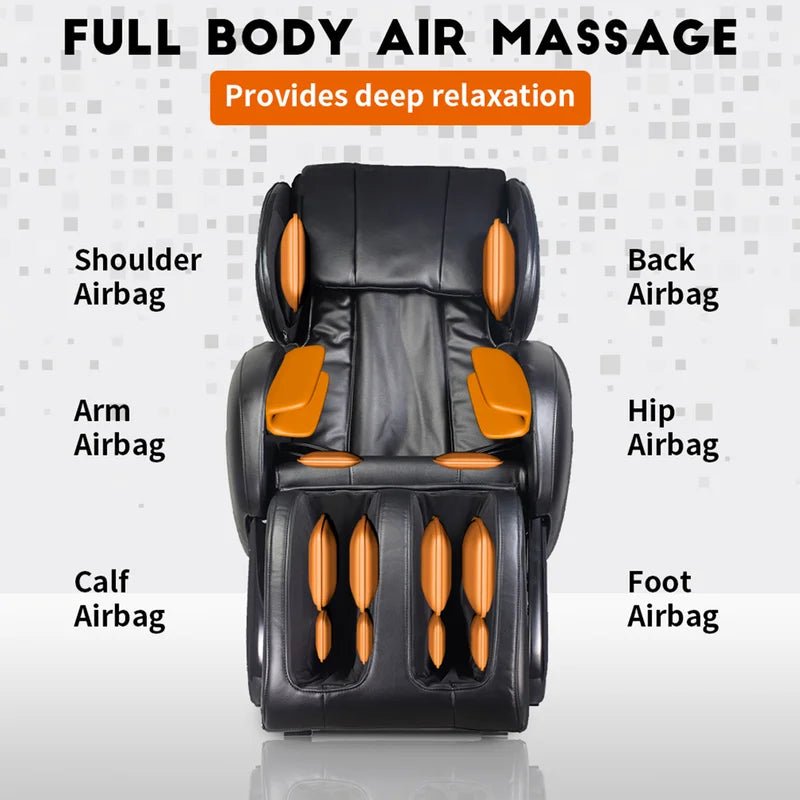 Black heated full-body massage chair with airbags and USB port
Close-up of foot rollers on EC55 massage chair
Airbag placement on full-body massage recliner
Side view of EC55 massage chair in living room