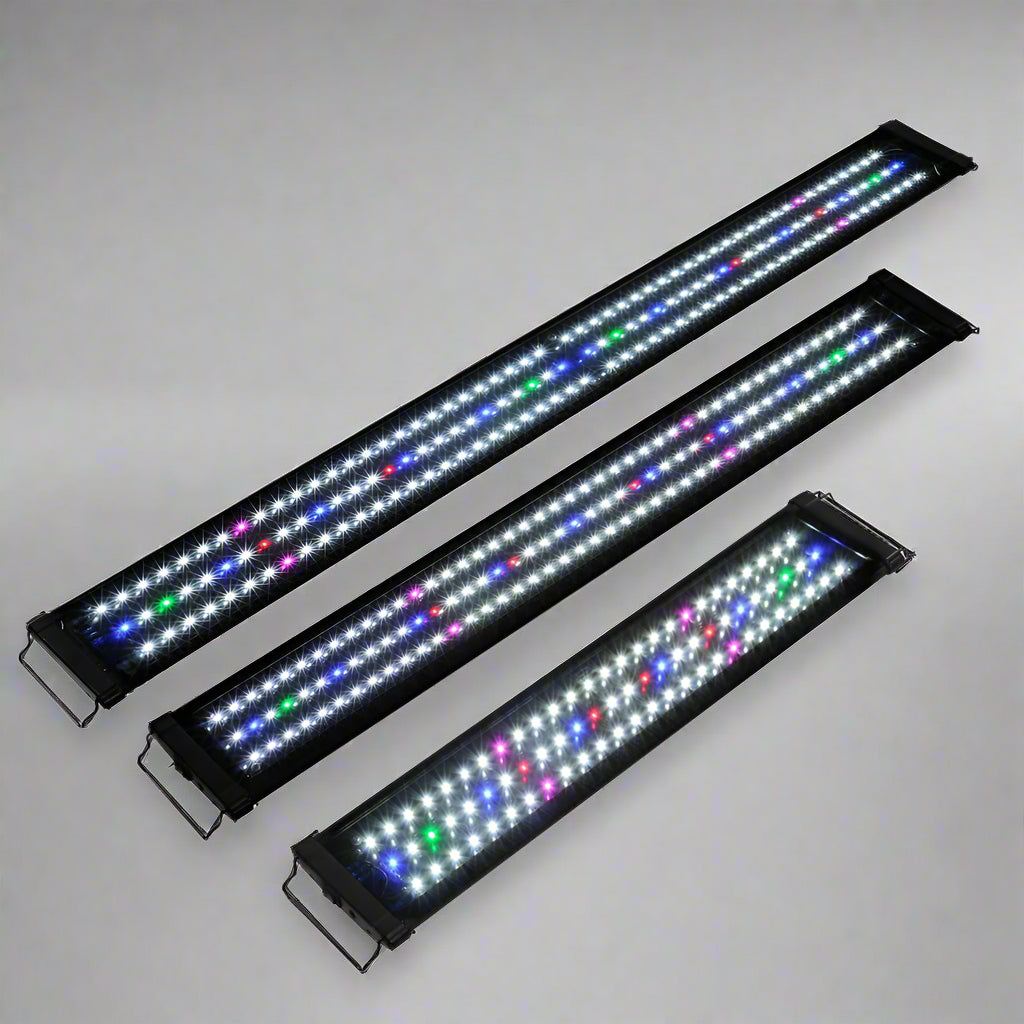 Full spectrum RGB LED aquarium light for freshwater tanks
Energy-efficient LED light fixture for fish and plants
Slim LED aquarium light for 24 to 72 inch tanks
Adjustable RGB aquarium lighting with mounting brackets