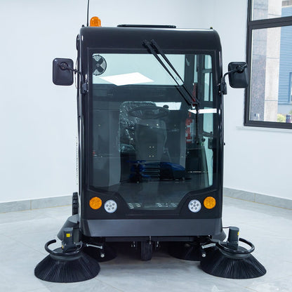 Fully enclosed ride-on industrial floor sweeper in green
Electric road sweeper with 200L tank and enclosed cabin
Commercial cleaning machine for streets and factories
High-capacity ride-on floor sweeper with water tank