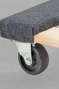 Bottom view showing caster wheels on padded dolly cart