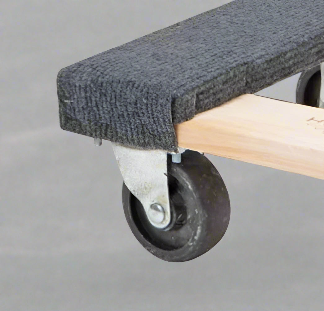Bottom view showing caster wheels on padded dolly cart