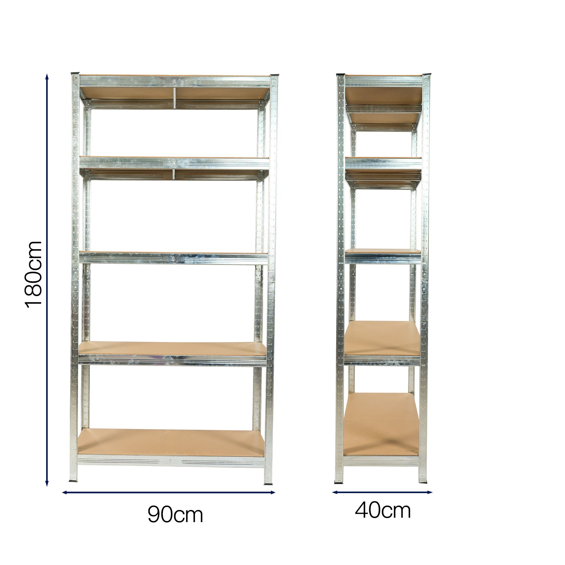 Front view of 5-tier galvanized steel shelf with MDF boards

Angled close-up showing adjustable shelves and metal frame

Storage rack in garage with tools and bins

Flat-packed shelving unit with assembly instructions