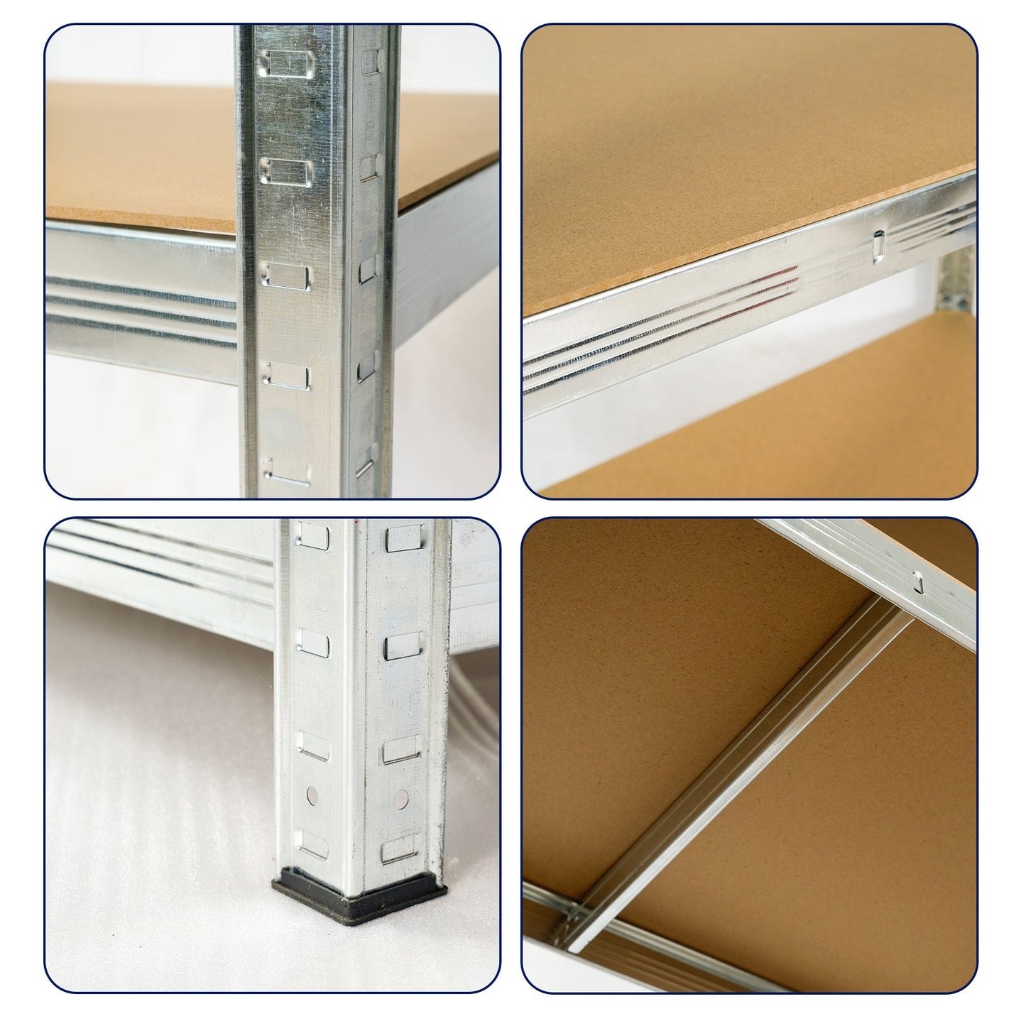 Front view of 5-tier galvanized steel shelf with MDF boards

Angled close-up showing adjustable shelves and metal frame

Storage rack in garage with tools and bins

Flat-packed shelving unit with assembly instructions