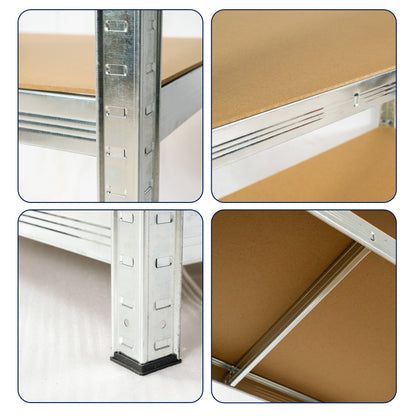 Front view of 5-tier galvanized steel shelf with MDF boards

Angled close-up showing adjustable shelves and metal frame

Storage rack in garage with tools and bins

Flat-packed shelving unit with assembly instructions