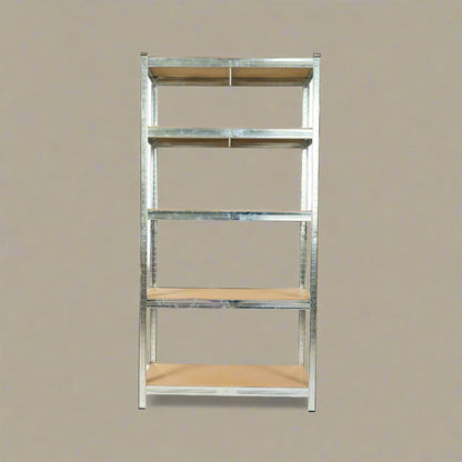 Front view of 5-tier galvanized steel shelf with MDF boards

Angled close-up showing adjustable shelves and metal frame

Storage rack in garage with tools and bins

Flat-packed shelving unit with assembly instructions