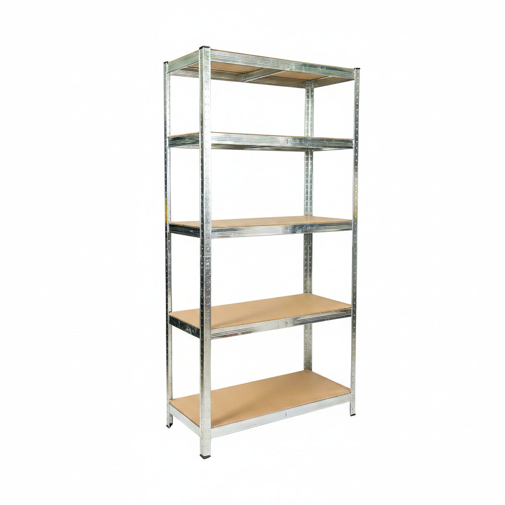 Front view of 5-tier galvanized steel shelf with MDF boards

Angled close-up showing adjustable shelves and metal frame

Storage rack in garage with tools and bins

Flat-packed shelving unit with assembly instructions