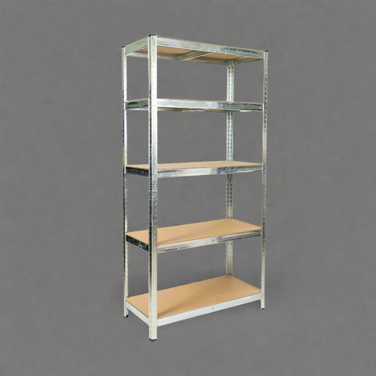 Front view of 5-tier galvanized steel shelf with MDF boards

Angled close-up showing adjustable shelves and metal frame

Storage rack in garage with tools and bins

Flat-packed shelving unit with assembly instructions