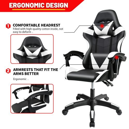 Black and Gray Gaming Office Chair Front View

Racing Style Chair with Adjustable Recline

Multiple Color Variants of Gaming Chairs

High Back Ergonomic Office Chair with Pillows